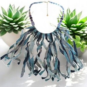 Cute boho Jean fringed bib lucite beaded 23 1/2" long necklace. Fringe hangs 7"